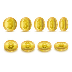 Sticker - Realistic Detailed 3d Golden Bitcoins Set Different Positions. Vector