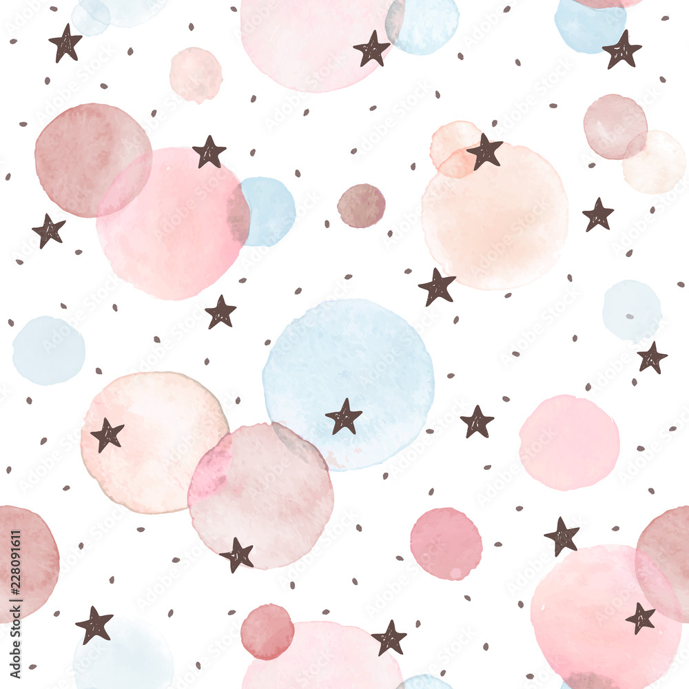 Watercolor texture in pastel colors. Hand drawn seamless abstract background for print on fabric or wrapping paper. Watercolor spots with black stars and dots isolated on white background. - obrazy, fototapety, plakaty 