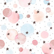 Watercolor texture in pastel colors. Hand drawn seamless abstract background for print on fabric or wrapping paper. Watercolor spots with black stars and dots isolated on white background.