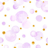 Watercolor vector texture. Aquarelle circles in pastel colors. Seamless purple pattern. Watercolor violet and golden spots isolated on white background.