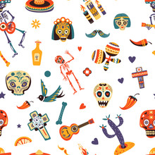 Mexico Traditional Elements, Mexican Symbols And Signs Seamless Pattern