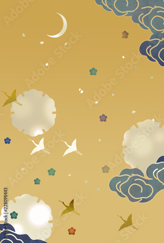 飛翔する鶴 月 彩雲 雲 和柄 Stock Illustration Adobe Stock