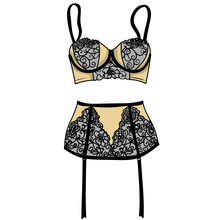Fashion Illustration Of Woman's Set Of Lingerie With Black Lace On White Background. Postcard Idea.