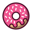 Simple, flat, pink donut icon. Outline design. White sprinkles. Isolated on white