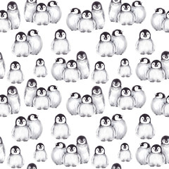 Seamless pattern with baby penguins. Watercolor illustration on white background.