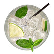 © ozmen - Caipirinha top view, Mojito cocktail from top, vodka or soda drink with lime, mint and straw from above isolated on white background including clipping path.