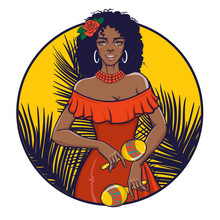 Beautiful Girl Playing Maracas. Happy Smiling Black Woman In Summer Dress. Circle Label, Poster, Tee Shirt Print. Vector Illustration In Retro Pin-up, Pop Art, Comic Style.