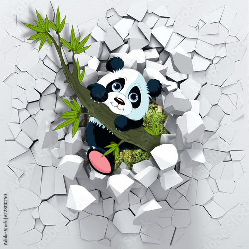Naklejka na kafelki 3d background, panda peeping from a broken wall. 3D wall looks very lovely and also brings different colors to room! It will visually expand children’s room and become an accent in the interior