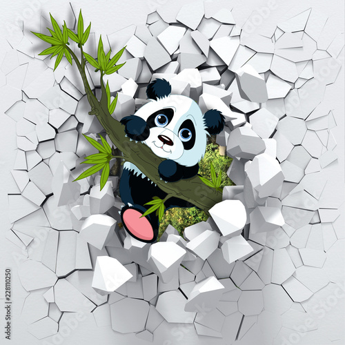 Tapeta ścienna na wymiar 3d background, panda peeping from a broken wall. 3D wall looks very lovely and also brings different colors to room! It will visually expand children’s room and become an accent in the interior