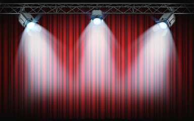 Wall Mural - Bright stage spotlights shining on red curtain background. 3d rendering