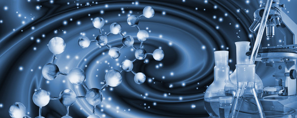 chemical glassware on biotech background