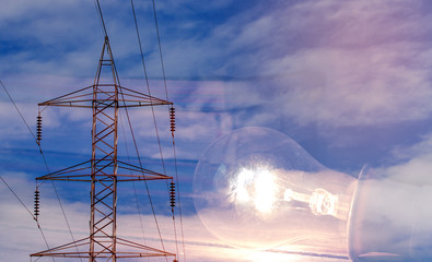 abstract high voltage post, High-voltage tower on light bulb background.