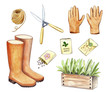 watercolor garden tools, hand painted illustration of gardening stuff: seeds, seenlings in wooden box, hank of twine, rubber boots, gloves and pliers