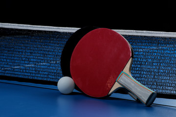 Wall Mural - Ping pong. Accessories for table tennis racket and ball on a blue tennis table. Sport. Sport game.