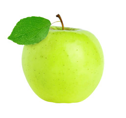 Green apple with leaf isolated on white