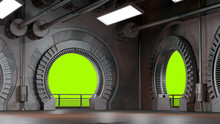 Spaceship Futuristic Interior With Window View.3D Rendering