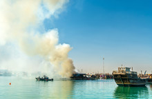 Traditional Arabic Dhow On Fire In Doha, Qatar