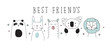 panda, rabbit, llama, koala, leon doodle best friends vector illustration