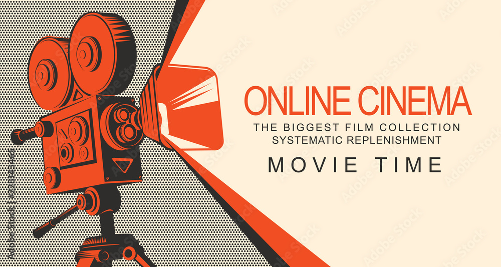 Vector online cinema poster with old fashioned movie projector. Vintage retro movie camera with light. Online cinema concept. Movie time. Can be used for flyer, banner, poster, web page, background - obrazy, fototapety, plakaty 