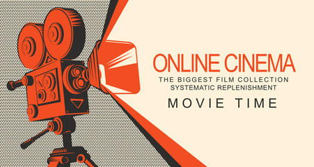 Vector online cinema poster with old fashioned movie projector. Vintage retro movie camera with light. Online cinema concept. Movie time. Can be used for flyer, banner, poster, web page, background