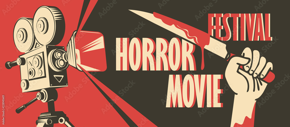 Vector banner for festival horror movie. Illustration with old film projector and a hand holding a bloody knife. Scary movie. Can be used for advertising, banner, flyer, web design - obrazy, fototapety, plakaty 