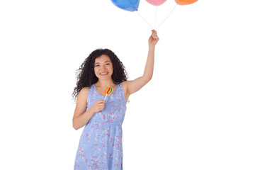 Beautiful Woman with sweet lollipop and baloons.