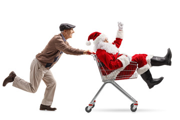 Sticker - Senior pushing a shopping cart with Santa Claus