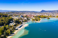 Aerial View Of Annecy Lake Waterfront In France