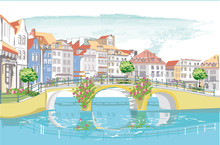 Series Of Colorful Street Views In The Old City With A View Of A Bridge. Hand Drawn Vector Architectural Background With Historic Buildings.