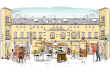 Series Of The Street Cafes With Fashion People, Men And Women, In The Old City, Vector Illustration. Waiters Serve The Tables. 