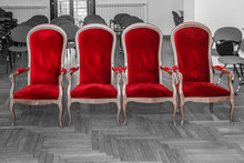 Row Of Red Empty Chairs For Marriage Ceremony. Red Color Isolated On Black And White Background.