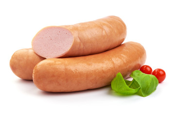 Oktoberfest boiled sausages with basil, isolated on white background.