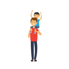 Wall Mural - father holds his son on back over white background, happy family concept, flat cartoon design vector illustration