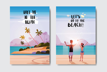 Wall Mural - set man woman couple holding hands looking sunrise rear view summer vacation tropical beach badge Design Label lettering for logo Templates invitation greeting card prints and posters vector