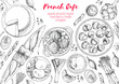 French cuisine top view frame. A set of classic French dishes with bakery, beef bourguignon, escargot, poached eggs, onion soup. Food menu design template. Hand drawn sketch vector illustration.