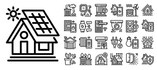 Intelligent building icon set. Outline set of intelligent building vector icons for web design isolated on white background