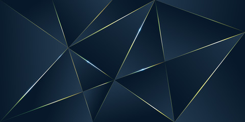 Dark blue Premium background with luxury polygonal pattern and gold triangle lines.