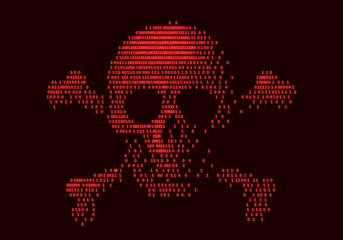 digital skull and crossbones on binary code