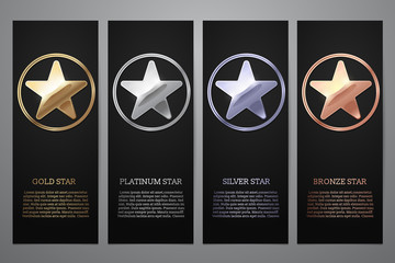 Wall Mural - Set of black banners, Gold, platinum,silver and bronze star, Vector illustration.l