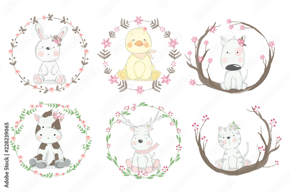 Cute baby animal cartoon hand drawn style Stock Vector | Adobe Stock