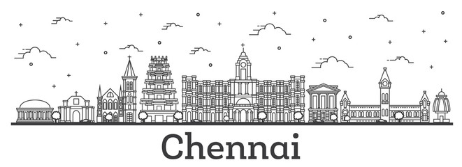 Wall Mural - Outline Chennai India City Skyline with Historic Buildings Isolated on White.