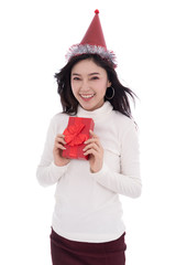 happy woman with hat and holding a red christmas gift box isolated on a white background