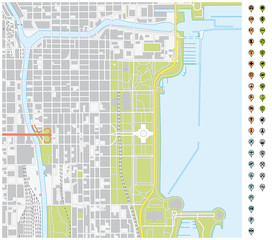 vector street map of downtown Chicago with pin pointers and infrastructure icons