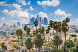 Fototapeta  - Beautiful cloudy day of Los Angeles downtown skyline and palm trees in foreground