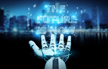 Sticker - White cyborg hand using future decision text interface 3D rendering