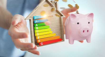 Wall Mural - businessman saving money with good energy chart rating 3d rendering