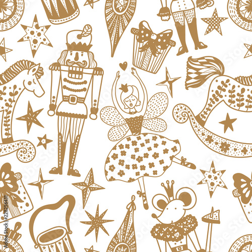Christmas vector seamless Nutcracker pattern. Gold seamless pattern can
