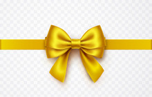 Bow Isolated On Transparent Background. Vector Christmas Gold Satin Ribbon, Xmas Golden Wrap Element Template.