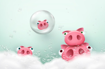 Pigs take bath with soap bubbles and white foam. Vector cute pigletes in soapy bathtub.