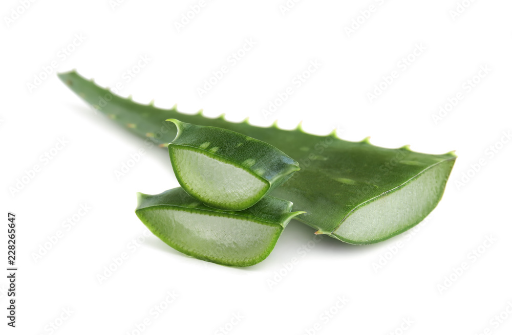 Aloe vera leaf with slices on white background